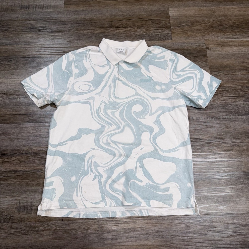 Puma Shirt Mens Large Short Sleeve White Blue Classic Polo Abstract Pattern